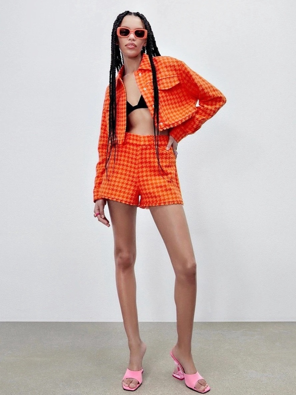 Zara Orange Houndstooth Cropped Tweed Jacket
